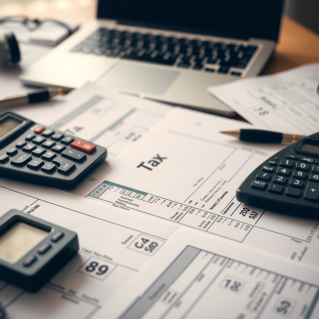 Tax documents, calculator and laptop arranged on a desk