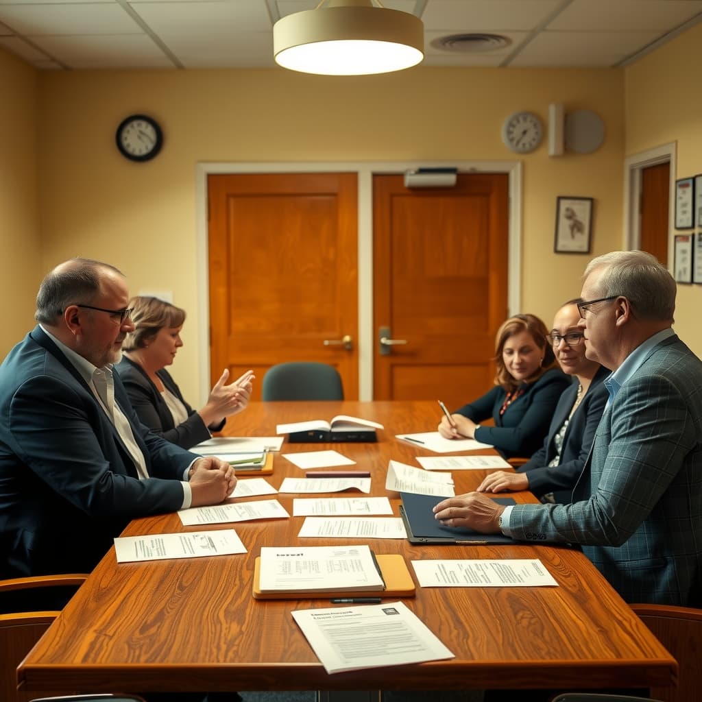 Committee members meeting around a table with financial papers